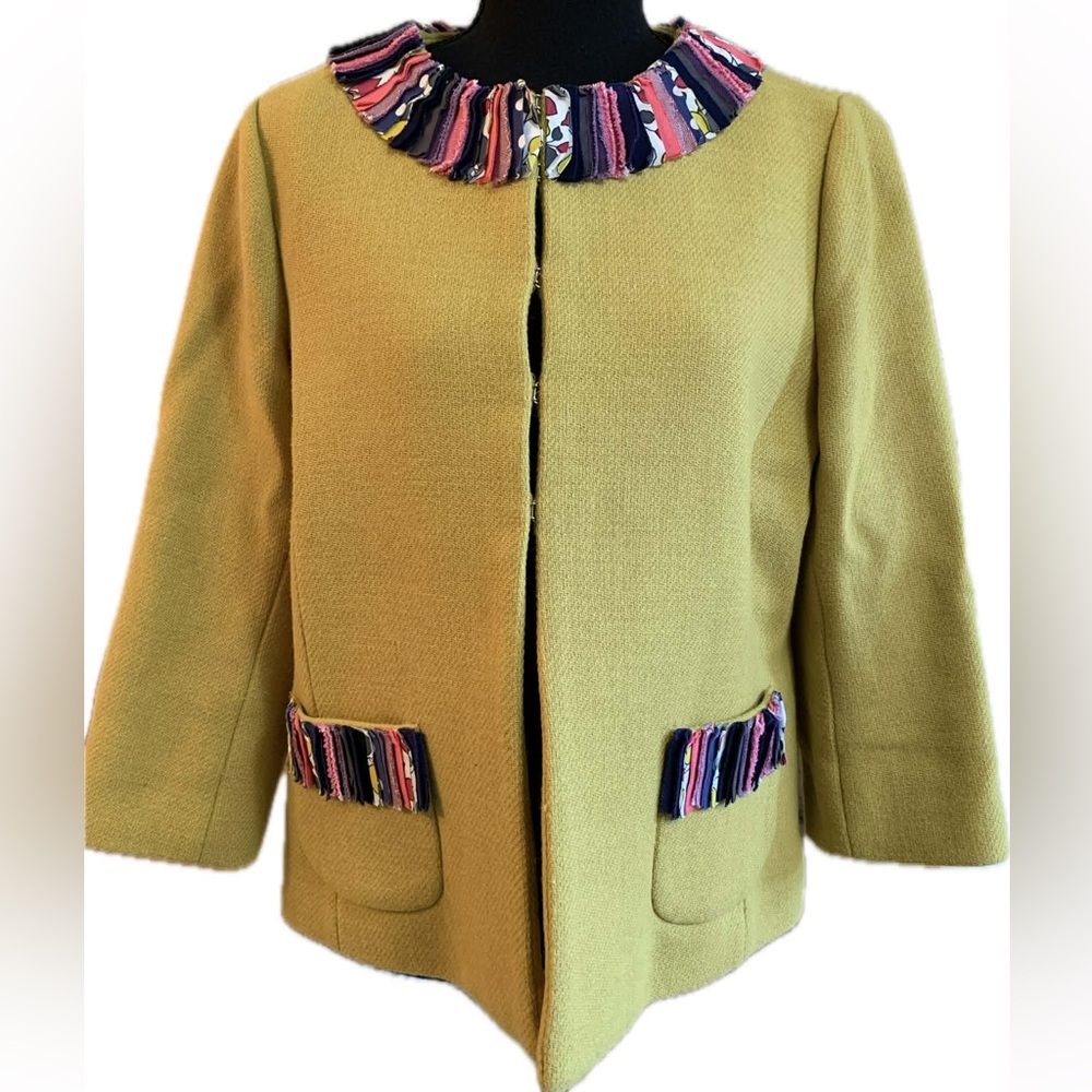 Boden Mustard Yellow 3/4 Sleeve Blazer with Patchwork Accents Size 16